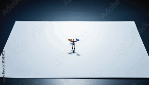 Tiny figurine holding colorful balloons on a vast white surface.