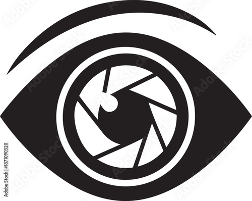 Black and white of an eye with camera aperture iris and curved eyebrow lens