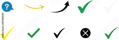 black, yellow and green arrow, check, question mark vector icon set.business growth finance chart progress and rising stock market trend