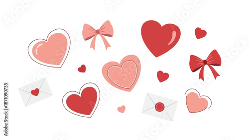 illustration of hearts and bows floating with letters