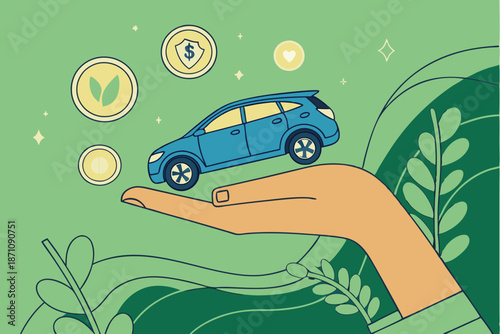 Car insurance concept, miniature blue car, open palm, floating icons, green bokeh background, nature setting, digital composite, macro photography, financial protection, vehicle safety, insurance s