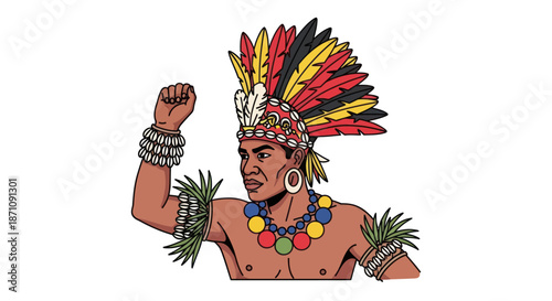 Indigenous Man with Feather Headdress and Raised Fist.