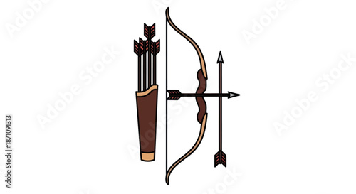 Traditional Archery Bow Arrow and Quiver Set Illustration.