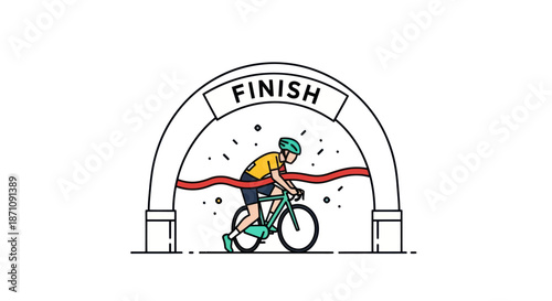Cyclist Crossing Finish Line on Bicycle Reaching Victory.