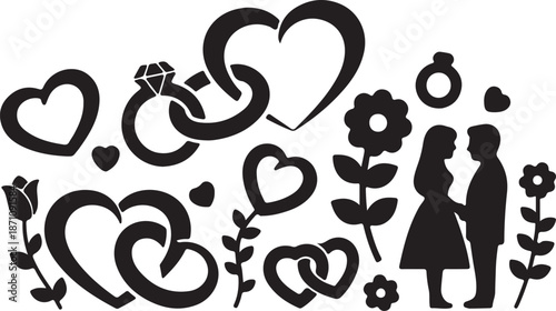 Black and white of a couple with hearts flowers and rings for wedding marriage