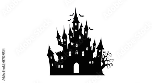 Spooky silhouette of a haunted castle with bats and a bare tree.