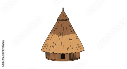 Traditional African Hut with Conical Thatched Roof and Wooden Walls.