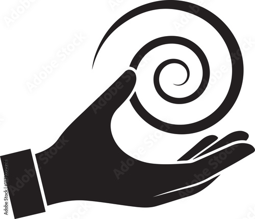 Black silhouette of a hand holding a black spiral on a white background