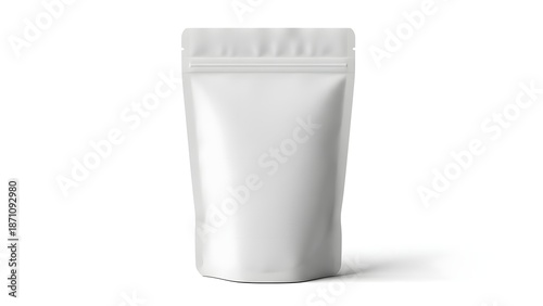 A white resealable stand up pouch with a clean and minimalist design for packaging