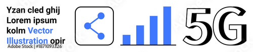Telecommunications, 5G network, data sharing, mobile connectivity, high-speed internet, digital services. Icon data sharing, signal bars bold 5G text. Telecommunications and 5G network concept