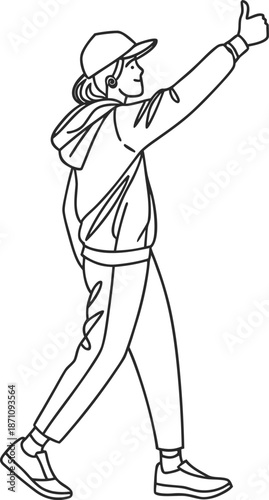 Causal young woman in hoodie and baseball cap walking and giving a thumbs up gesture in minimalist black and white line art style for positive attitude and success concepts
