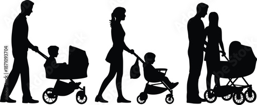 Silhouettes of parents and children with strollers and baby gear walking together