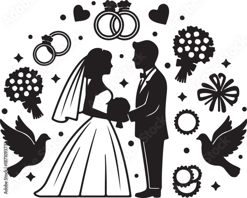 Black and white of bride and groom holding hands with wedding symbols around them