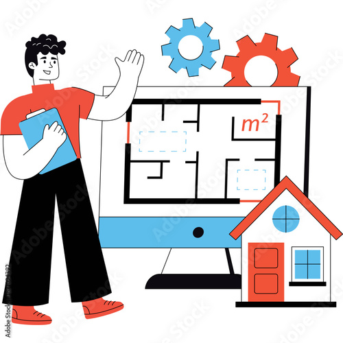 Architect presenting house blueprint on computer