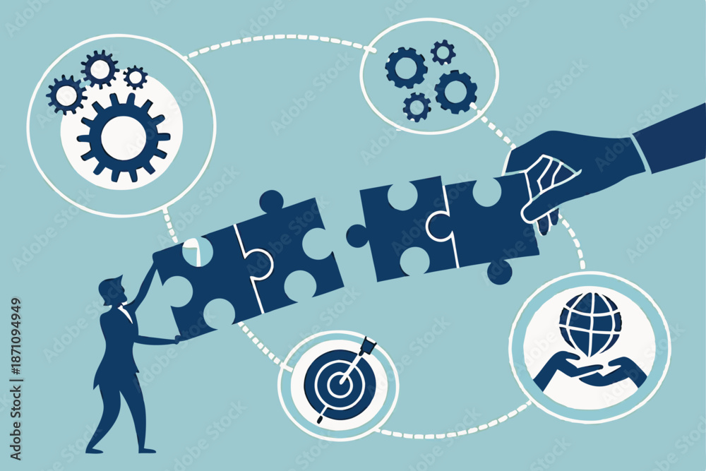 Fototapeta premium Business collaboration, puzzle pieces with silhouettes, team building concept, connecting leadership, blue background, hands joining puzzle, symbolic partnership, corporate synergy, minimalist desi