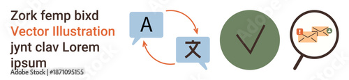 Language translation, verification process, sender authentication, linguistics, search analysis, communication tools. Arrows linked to letters, magnifier on an email. Language translation