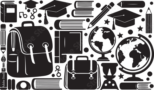 Black and white of educational including backpacks books globes and graduation caps