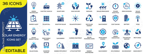 Green energy and sustainability solid icon set featuring solar panel, renewable power, electric vehicle, battery storage, wind energy, recycling, and net zero emissions. Clean flat vector icons for re