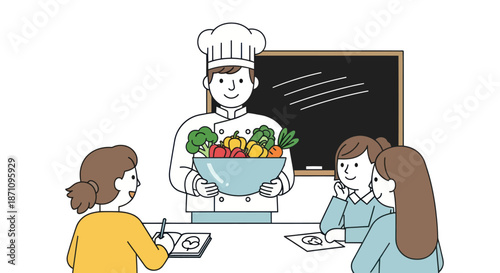 A professional chef in a white uniform teaching a cooking class with a bowl of fresh vegetables.