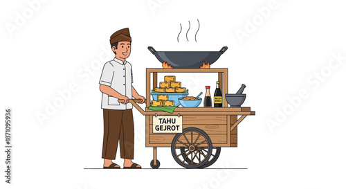 Tahu Gejrot Vendor: Man Pushing Traditional Indonesian Street Food Cart.