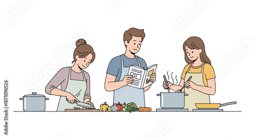 A group of young friends happily cooking a meal together following a recipe from a cookbook.