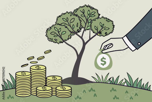  Business suit, hands holding miniature tree, coins, growth concept, environmental sustainability, financial investment, green economy, blurred nature background, macro photography, shallow depth of
