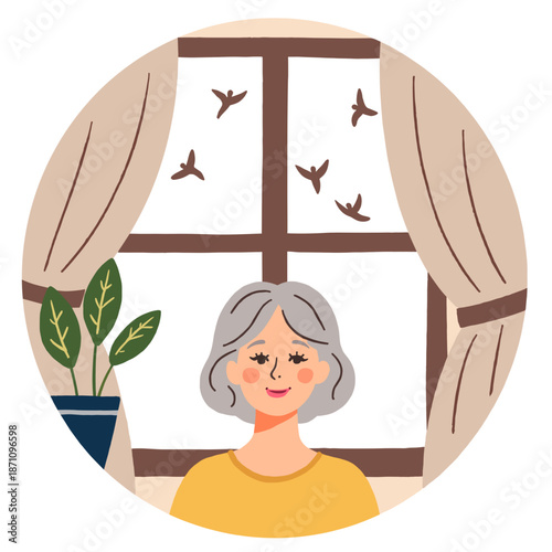 Elderly woman smiling while sitting by window with potted plant . Elderly set