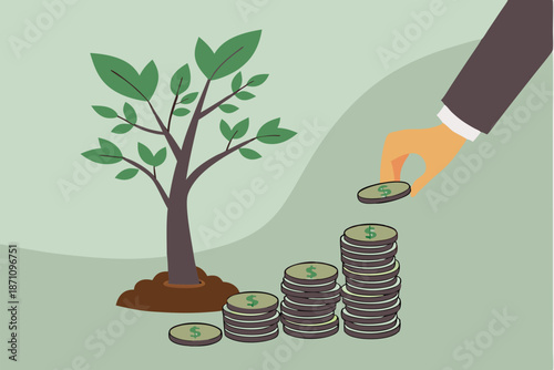  Business suit, hands holding miniature tree, coins, growth concept, environmental sustainability, financial investment, green economy, blurred nature background, macro photography, shallow depth of