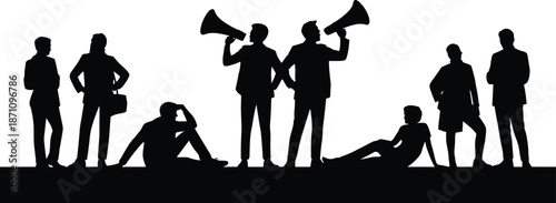 Silhouettes of people in various poses with one holding a megaphone against a white background standing