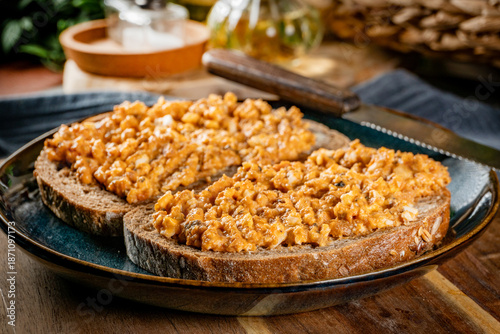 Konstfotografi Slices of bread with egg and sprat paste in tomatoes