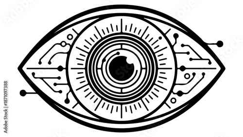 technological eye line art with electric paths inside it