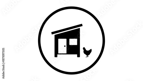 simple icon of a chicken hoop vector illustration, simple black and white icon of a chicken coop with chicken standing next to the chicken hoop in the circle