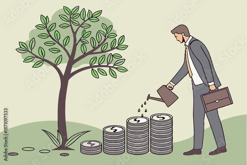  Business suit, hands holding miniature tree, coins, growth concept, environmental sustainability, financial investment, green economy, blurred nature background, macro photography, shallow depth of