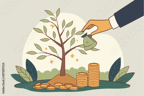  Business suit, hands holding miniature tree, coins, growth concept, environmental sustainability, financial investment, green economy, blurred nature background, macro photography, shallow depth of