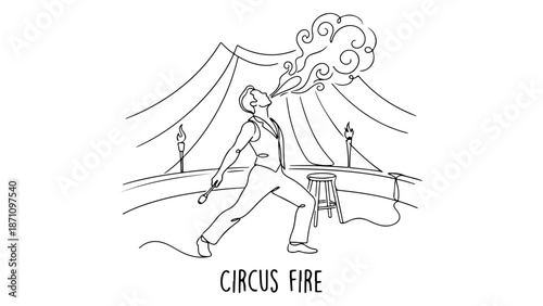 line art of a person in circus flame breathing with "circus fire" text below