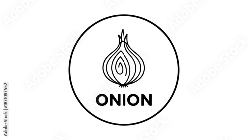 simple onion icon with onion inside the circle with text onion on the bottom simple line art black and white illustration
