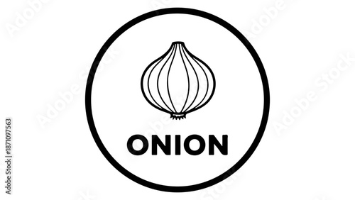 black and white vector illustration of a onion in a circle with text ONION on the bottom on white background
