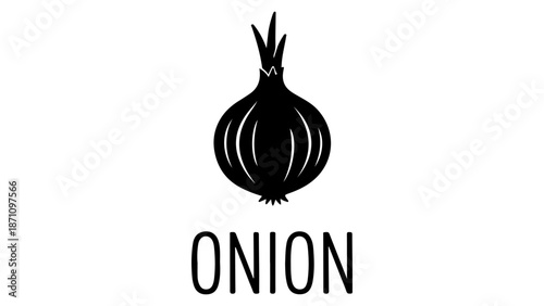 black and white onion shape isolated on white background with text ONION on the bottom