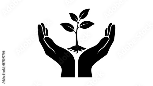 hands illustration with plant in the middle, future of plants is in out hands icon on white background black and white illustration
