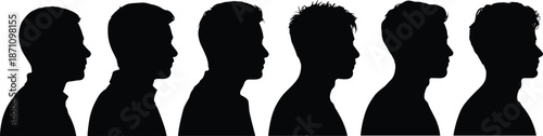 Six black silhouette profiles of people with different hairstyles on white background