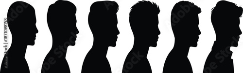 Six black silhouette profiles of people with different hairstyles against a white background