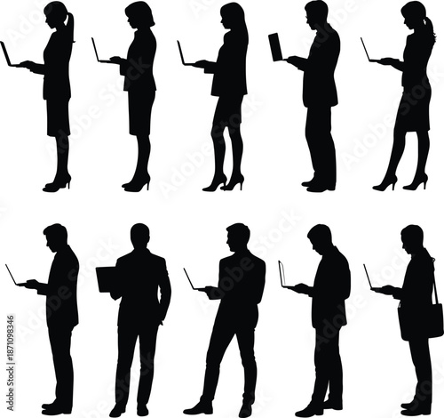 Ten black silhouettes of people holding laptops and documents in various standing positions