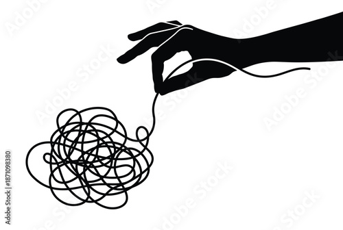 Human hand untangling complex tangled messy knot of thread vector illustration representing concept of problem solving finding solution
