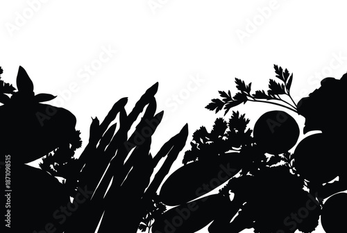 Silhouette fresh vegetables growing bottom border design element on transparent background