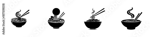 Different bowls of noodles with chopsticks on a plain background