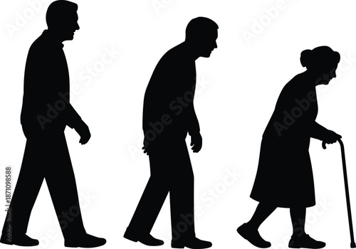 Three black silhouettes of people walking with one using a cane on a white background
