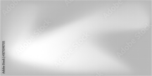 Abstract halftone dots form elegant curved waves across white background, blending seamlessly into grey gradient texture perfect for minimalist posters and creative templates.