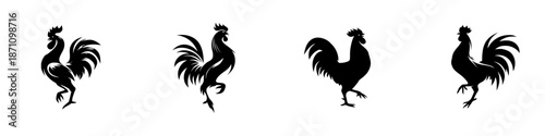 Group of four rooster silhouettes in different poses on a white