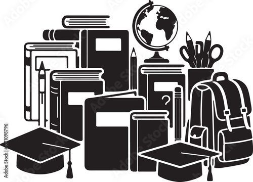 Black and white of school supplies and graduation caps with globe and backpack books