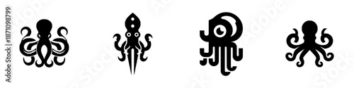Different octopus designs shown in black silhouettes against a white